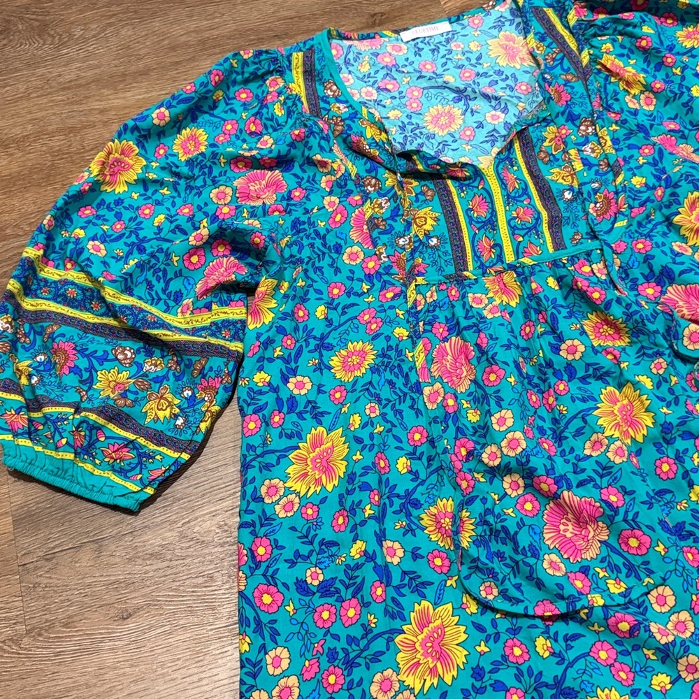 Bluetime Floral Boho Summer V Neck Flowy Beach Dress - Picture 4 of 7